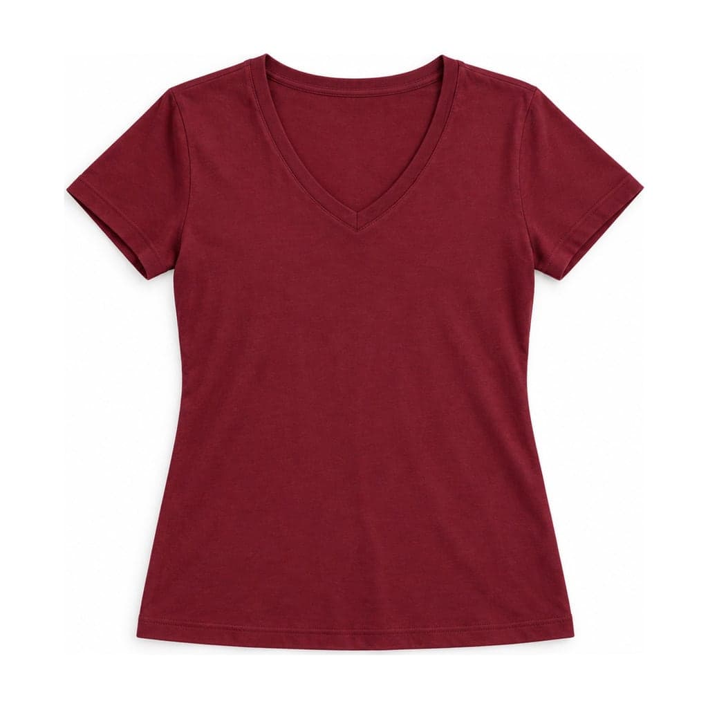 Flat lay result of the same burgundy V-neck T-shirt