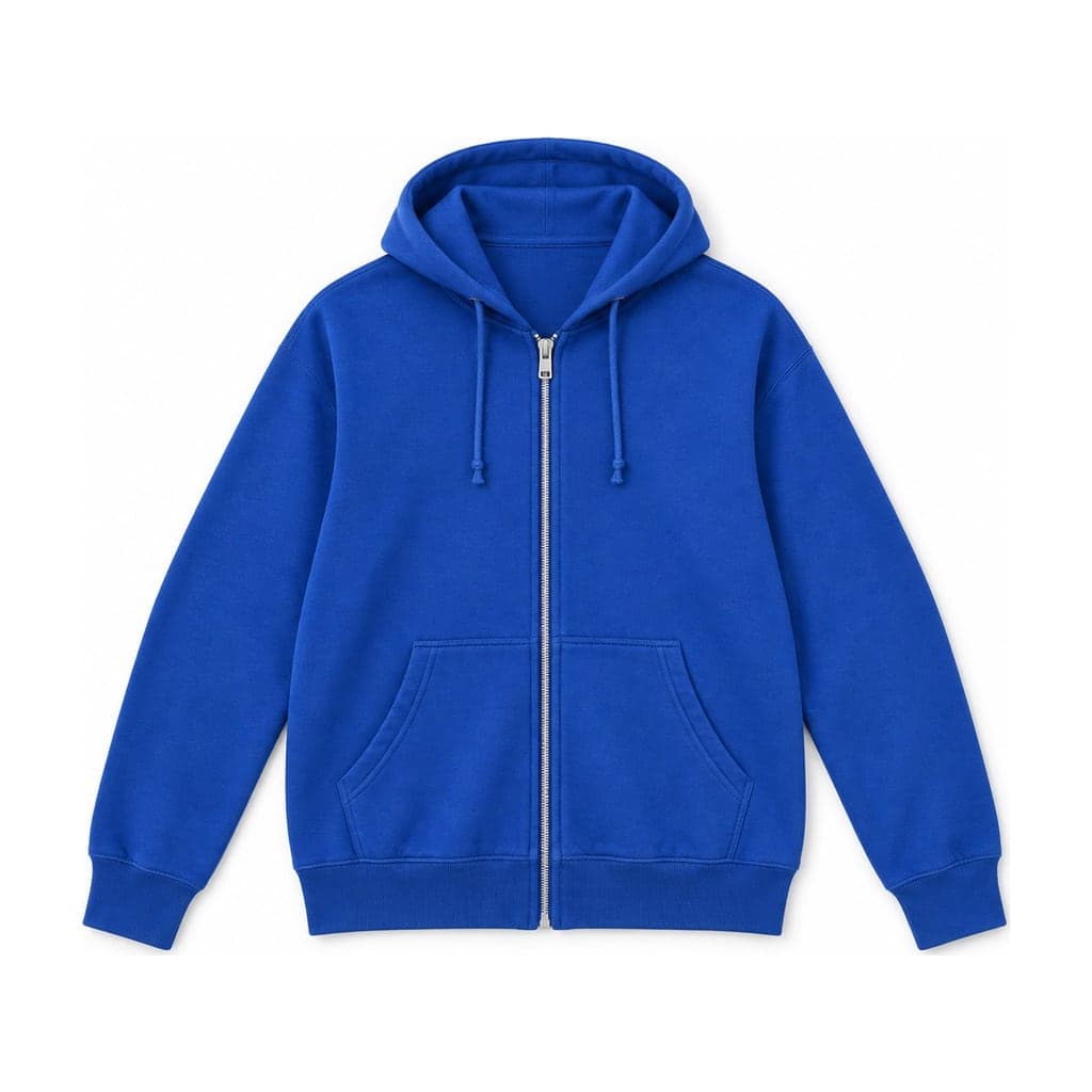 Flat lay result of the same cobalt blue zip hoodie