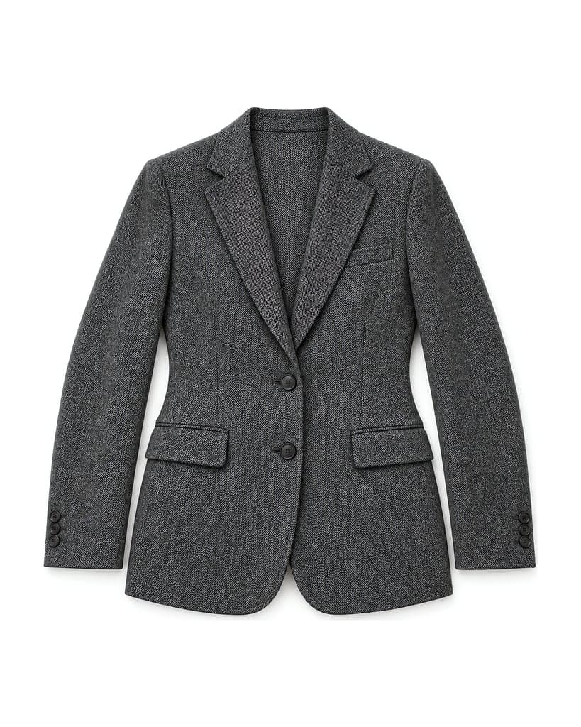 Flat lay result of the same Charcoal herringbone blazer