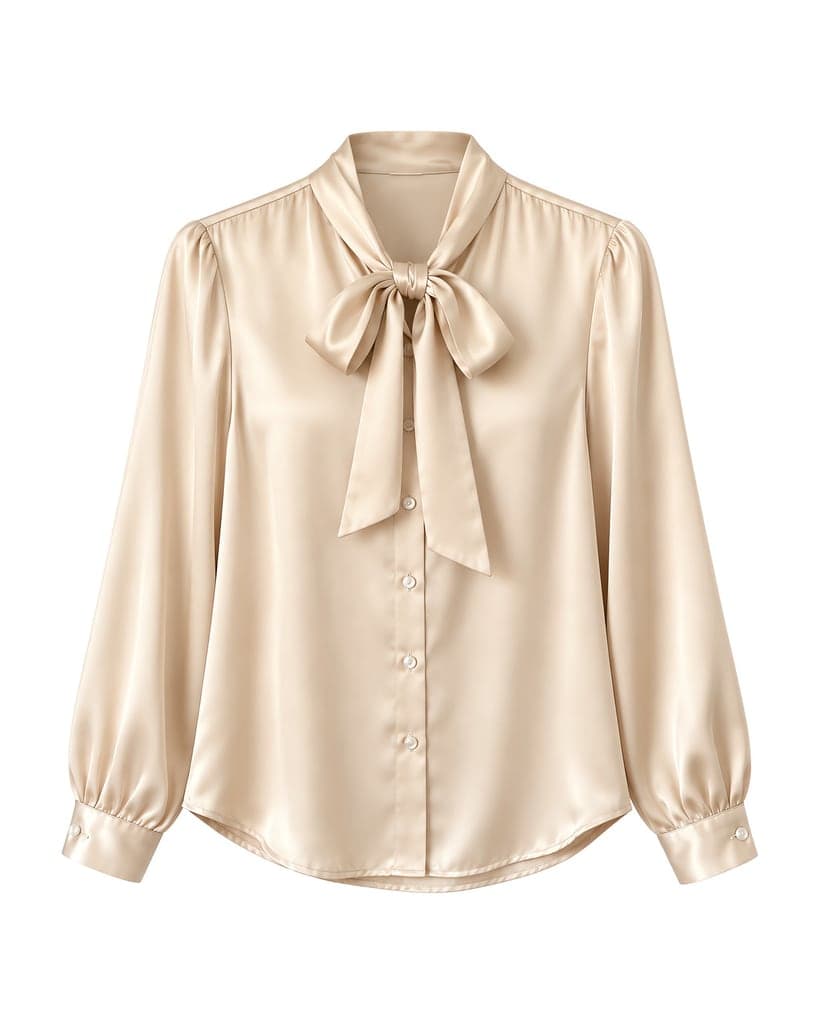 Ghost mannequin result of the same Champagne silk tie-neck blouse