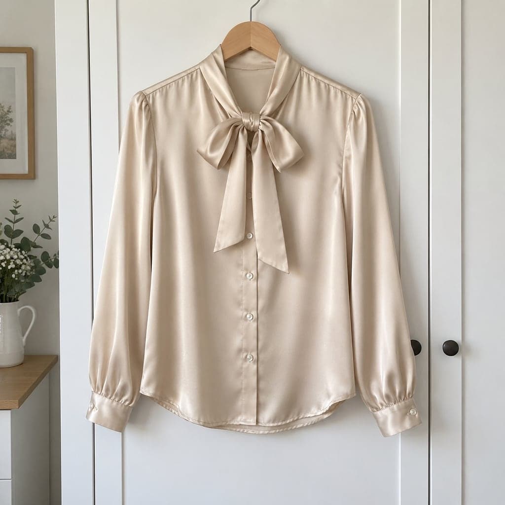 Champagne silk tie-neck blouse, Hanger photo before