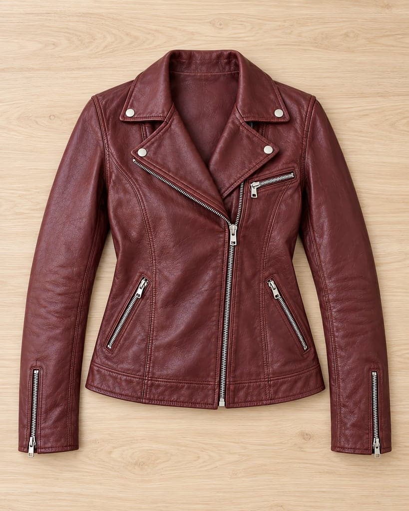Flat lay result of the same Oxblood leather biker jacket