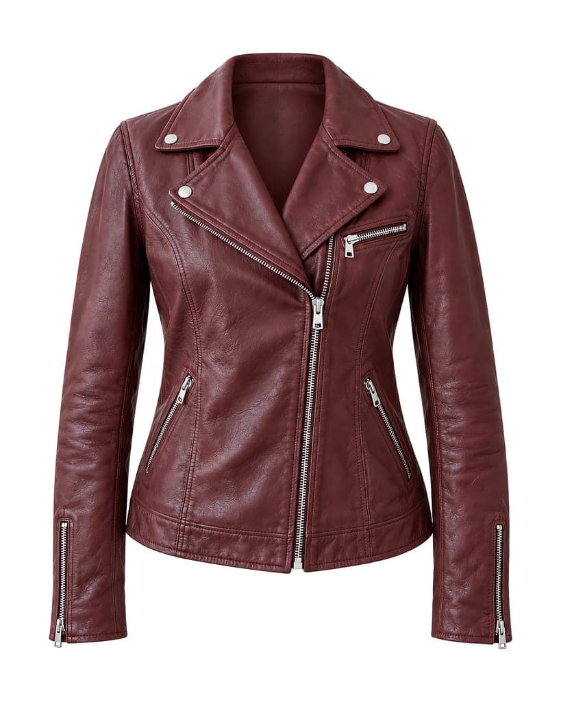 Ghost mannequin result of the same Oxblood leather biker jacket
