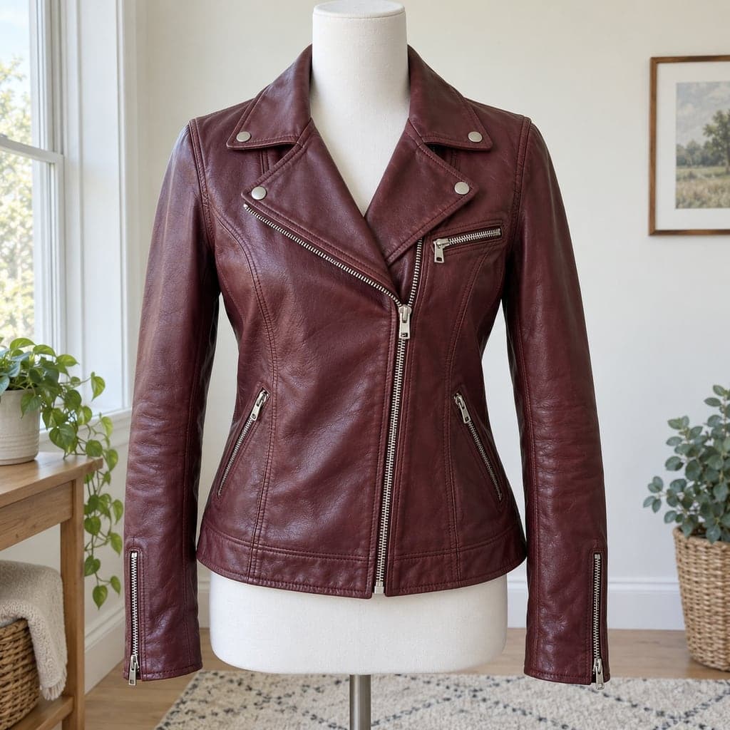 Oxblood leather biker jacket, Mannequin photo before