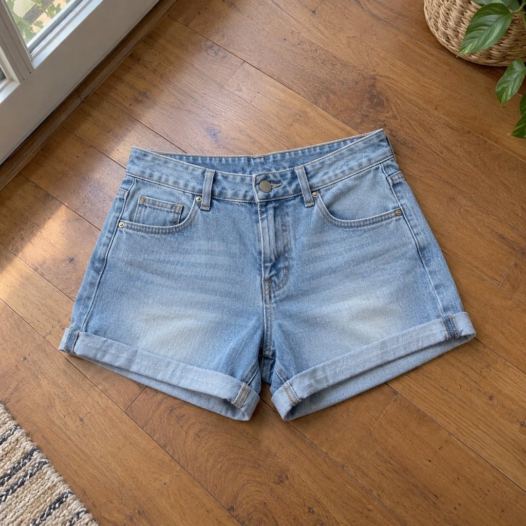Light-blue denim shorts, Flat lay photo before