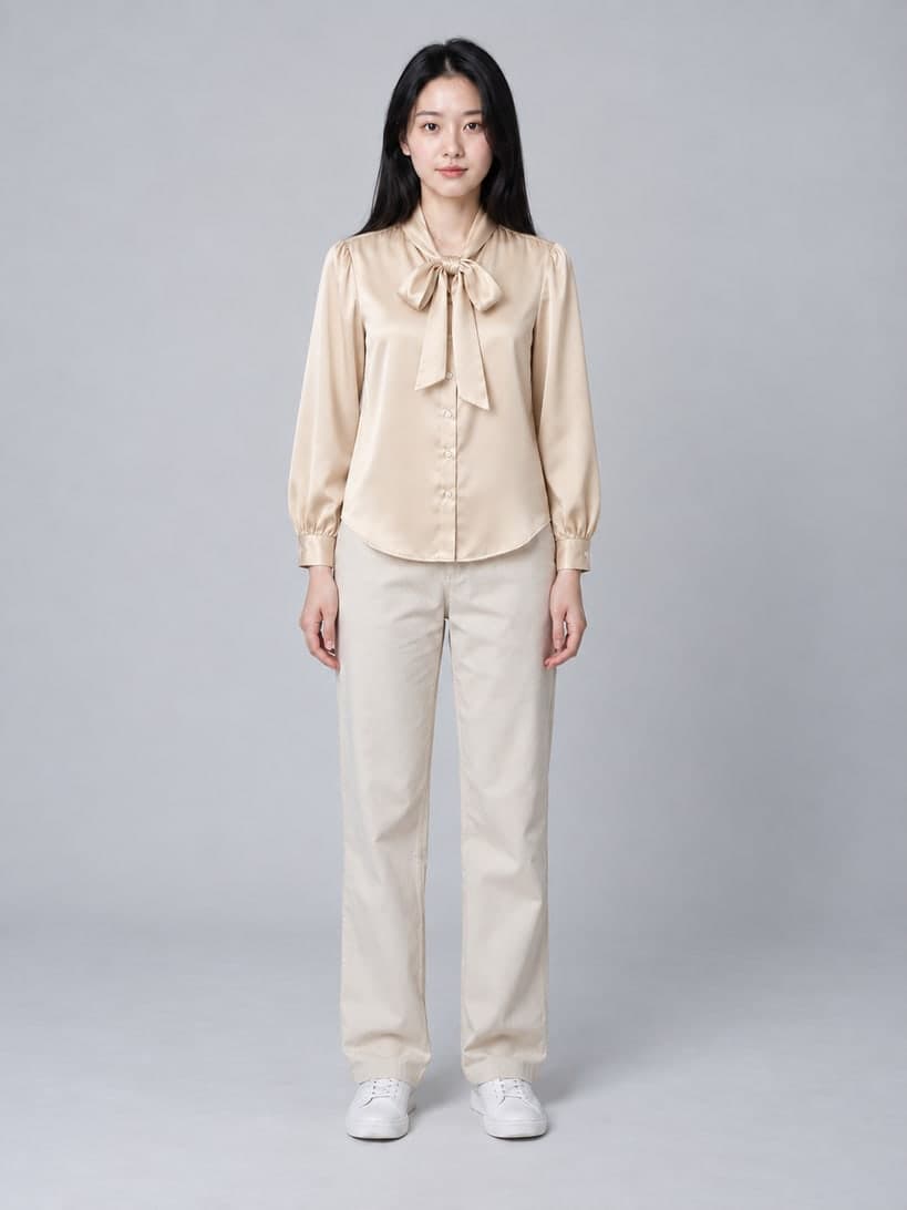 Champagne silk tie-neck blouse on an AI model in her 20s