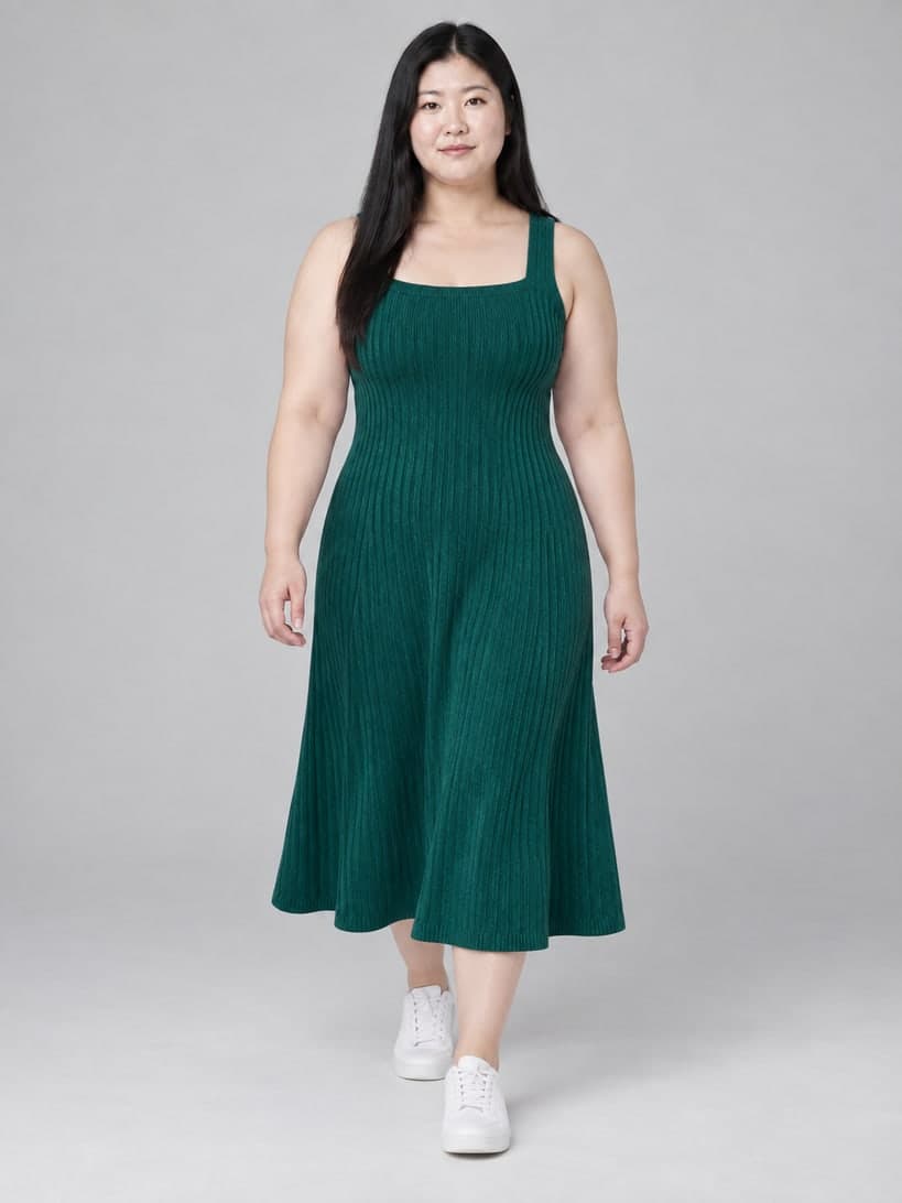 Teal rib-knit midi dress on a plus-size AI model, walking pose